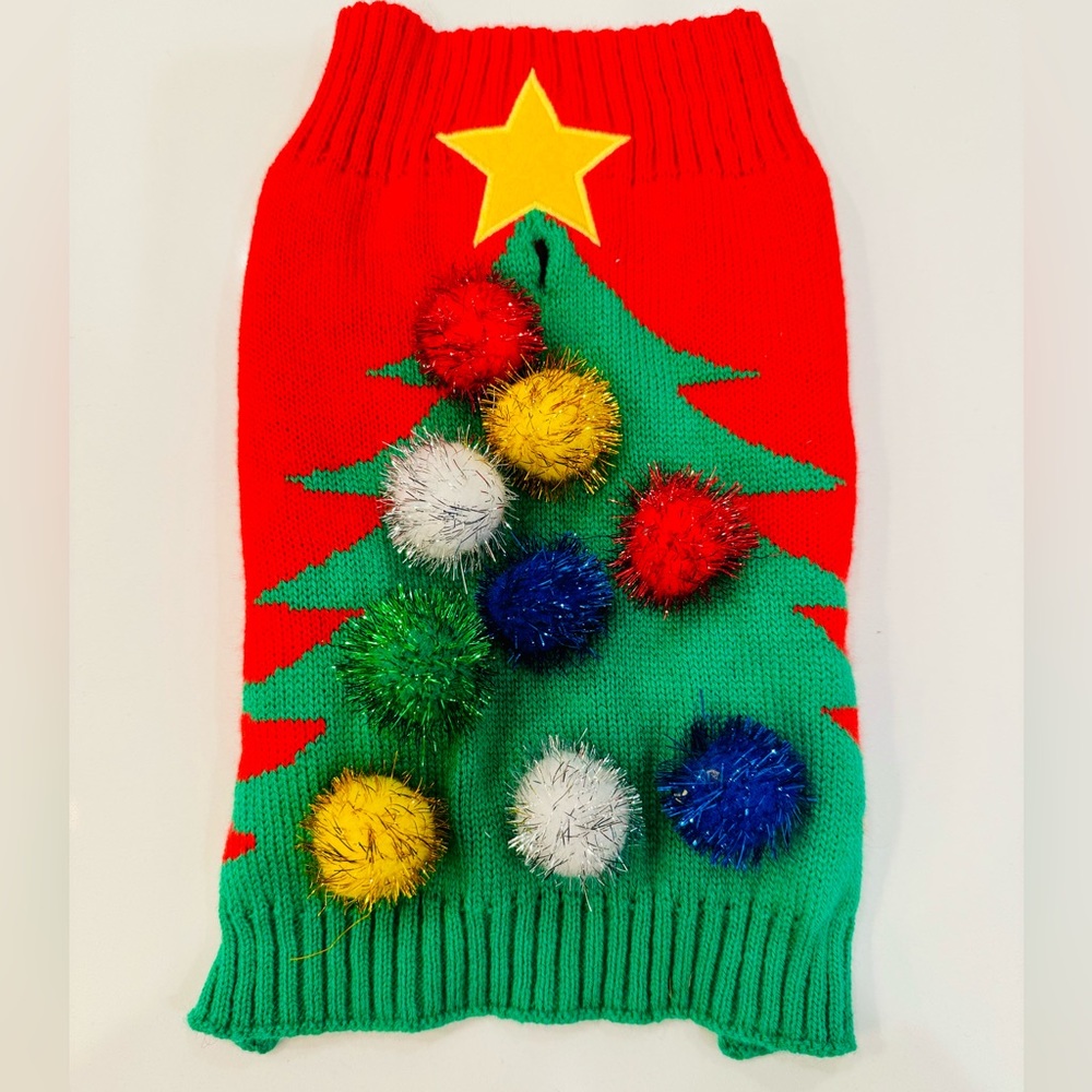 Dog Christmas Sweater Size Small Red Green Tree Pom Pom Holiday Pet Outfit